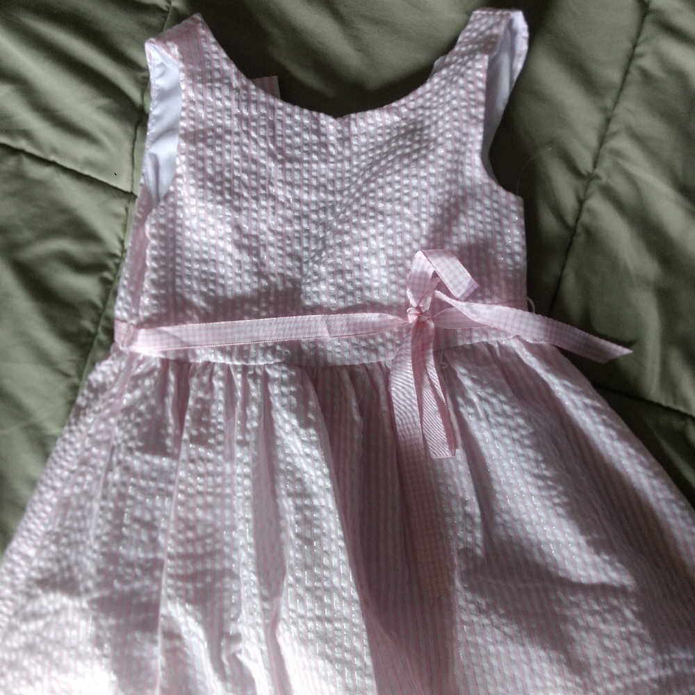 Girls pink striped seersucker dress